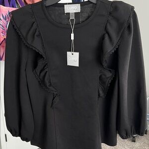 Cupio Elegant Black Blouse with Lace Trim